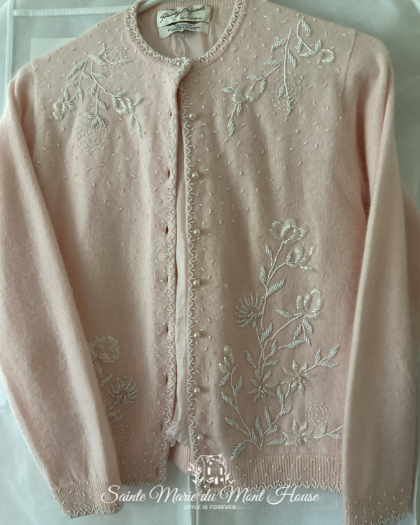 1950's - 1960's Prestige Originals Pink Lamb's Wool Sweater with Pearls